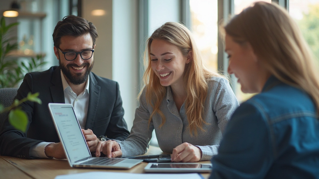 Профессионалы работают с цифровыми инструментами и приложениями на современных устройствах в офисной среде
