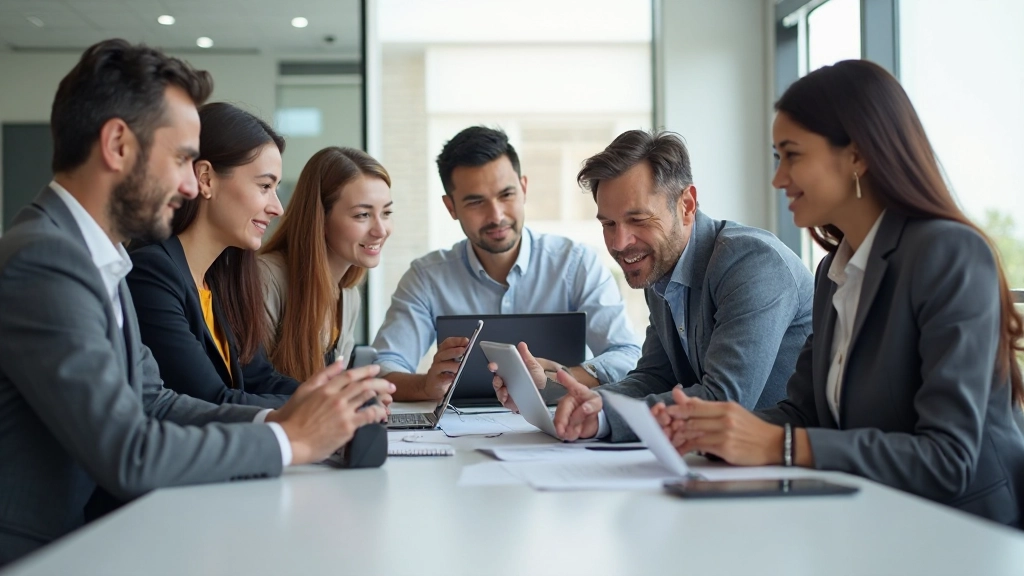 Профессиональное фото команды, работающей над проектом на совещании в современном офисе с ноутбуками и документами