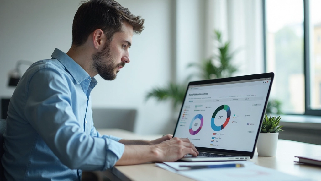 Профессиональное фото молодого профессионала, работающего на ноутбуке с инструментами управления проектами в современном офисе