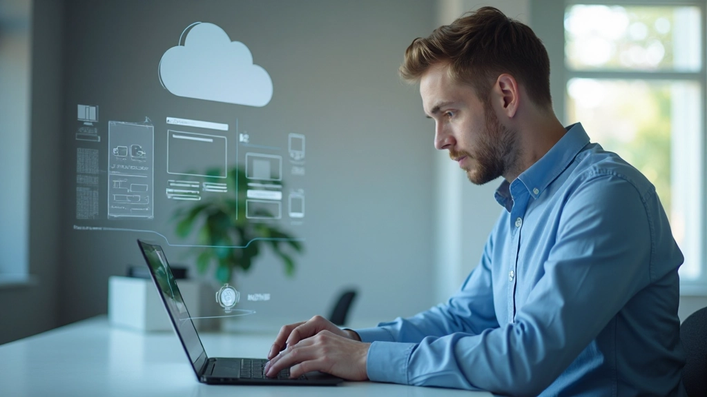 Специалист по облачным вычислениям работает с интерфейсом программного обеспечения на рабочем столе