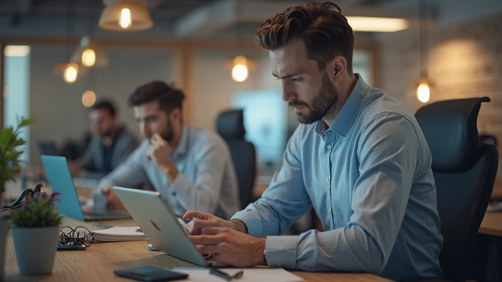 Молодой специалист использует приложение для управления проектами на планшете в офисной среде