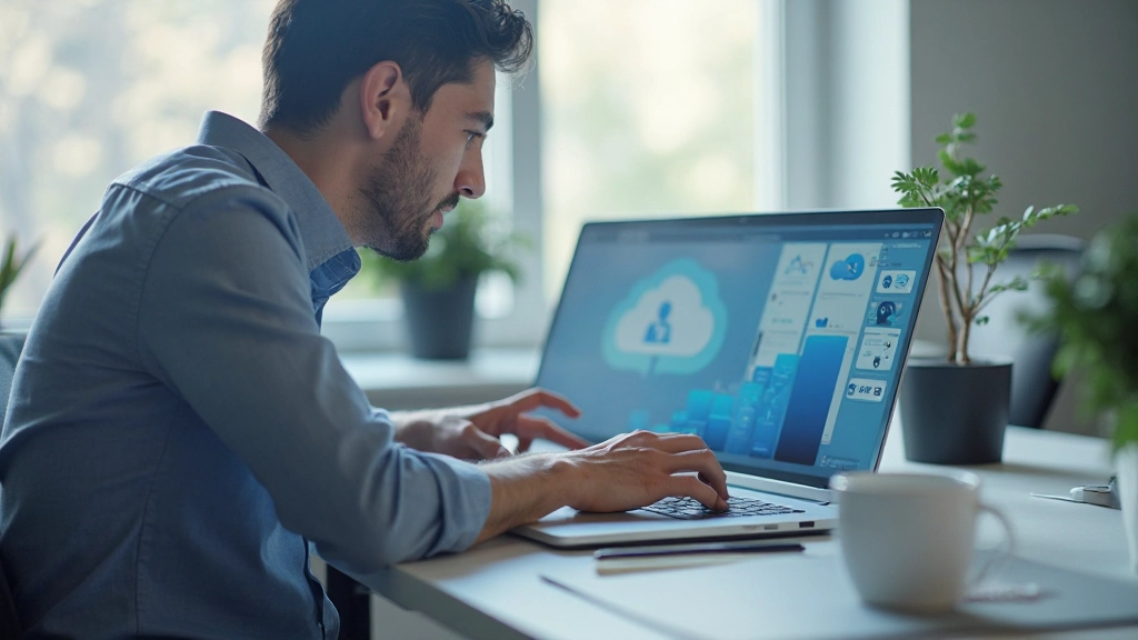 Современный рабочий стол с ноутбуком и облачным хранилищем на экране