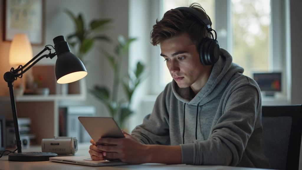 Изображение студента, изучающего курс на образовательной онлайн платформе на планшете