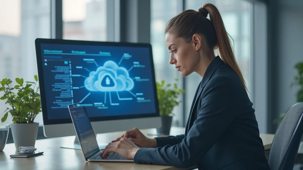 Специалист по облачным вычислениям работает с интерфейсом программного обеспечения на рабочем столе